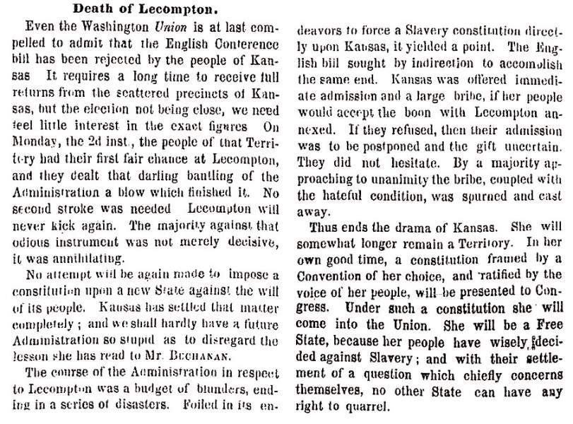 “Death of Lecompton,” New York Times, August 11, 1858
