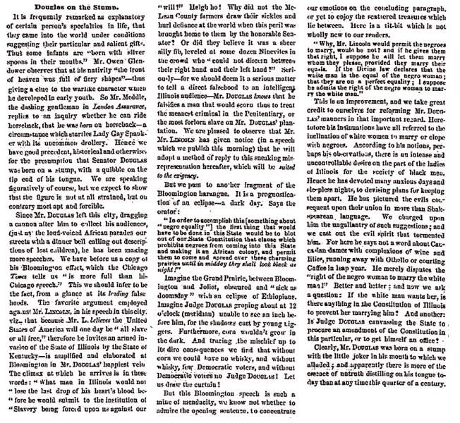 "Douglas on the Stump," Chicago (IL) Press and Tribune, July 23, 1858