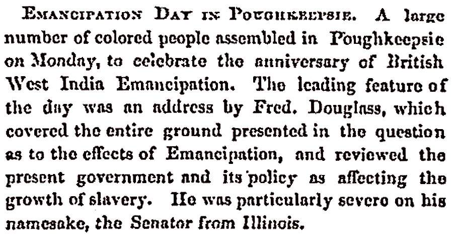 “Emancipation Day in Poughkeepsie,” Boston (MA) Liberator, August 6, 1858