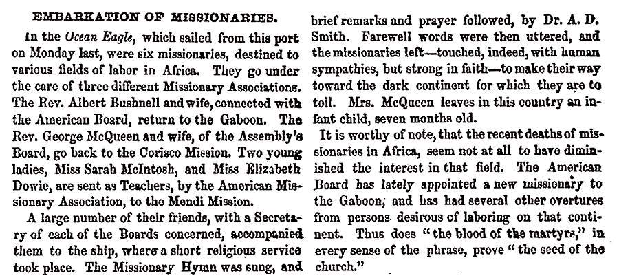"Embarkation of Missionaries," New York Evangelist, June 10, 1858