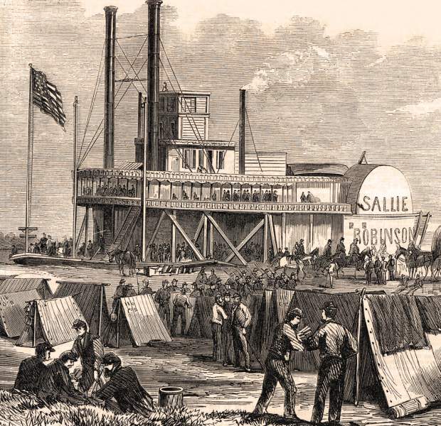 New York and Rhode Island troops land at W.D. Winter's Plantation, Louisiana, June 17, 1863, artist's impression, detail