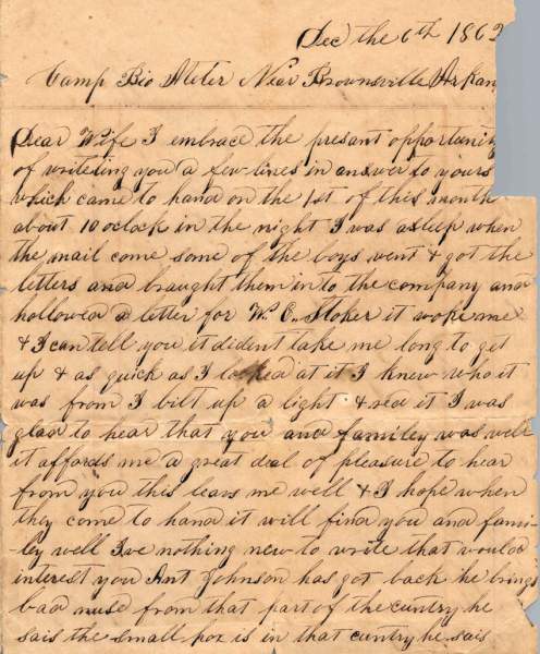 William Elisha Stoker to Elizabeth E. Stoker, December 6, 1862 (Page 1)