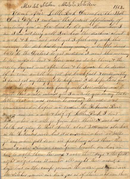 William Elisha Stoker to Elizabeth E. Stoker, December 21, 1862 (Page 1)