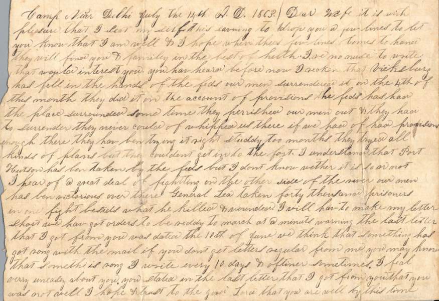 William Elisha Stoker to Elizabeth E. Stoker, July 14, 1863 (Page 1)