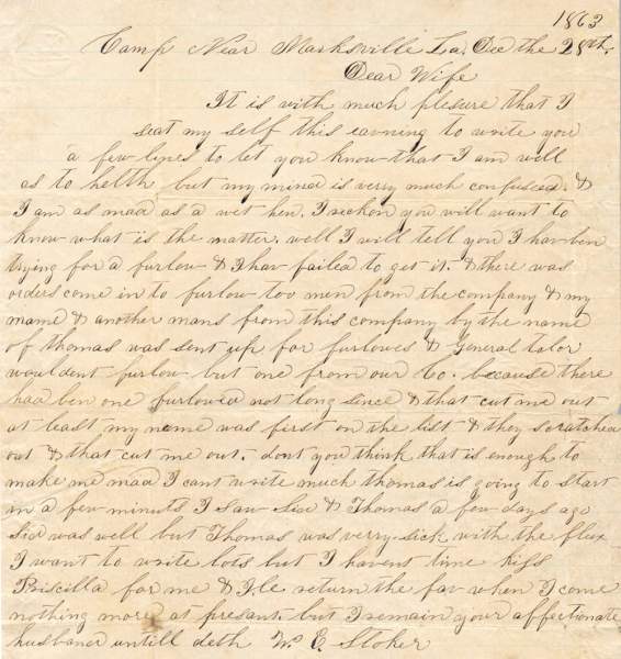 William Elisha Stoker to Elizabeth E. Stoker, December 28, 1863