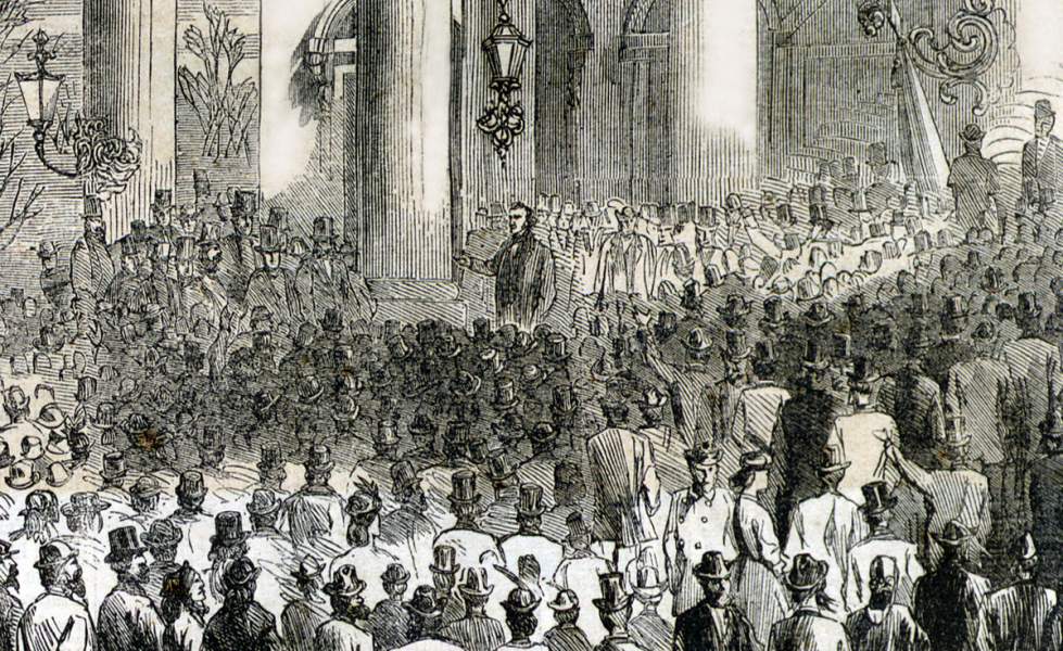 President Andrew Johnson, speaking on Washington's Birthday in Washington, D.C., February 22, 1866, artist's impression, detail