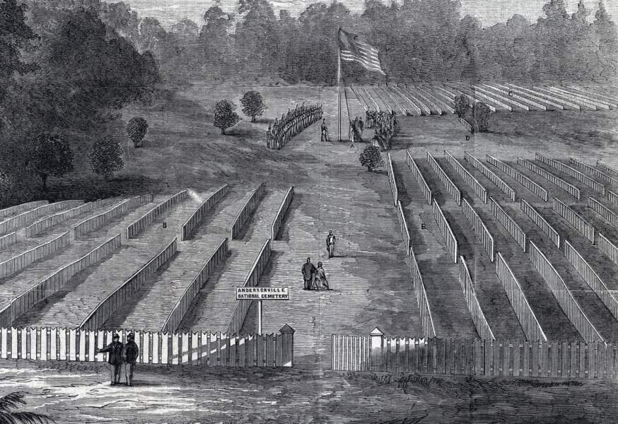 Clara Barton raising the flag over the new national cemetery at Andersonville, Georgia, August 17, 1865, artist's impression