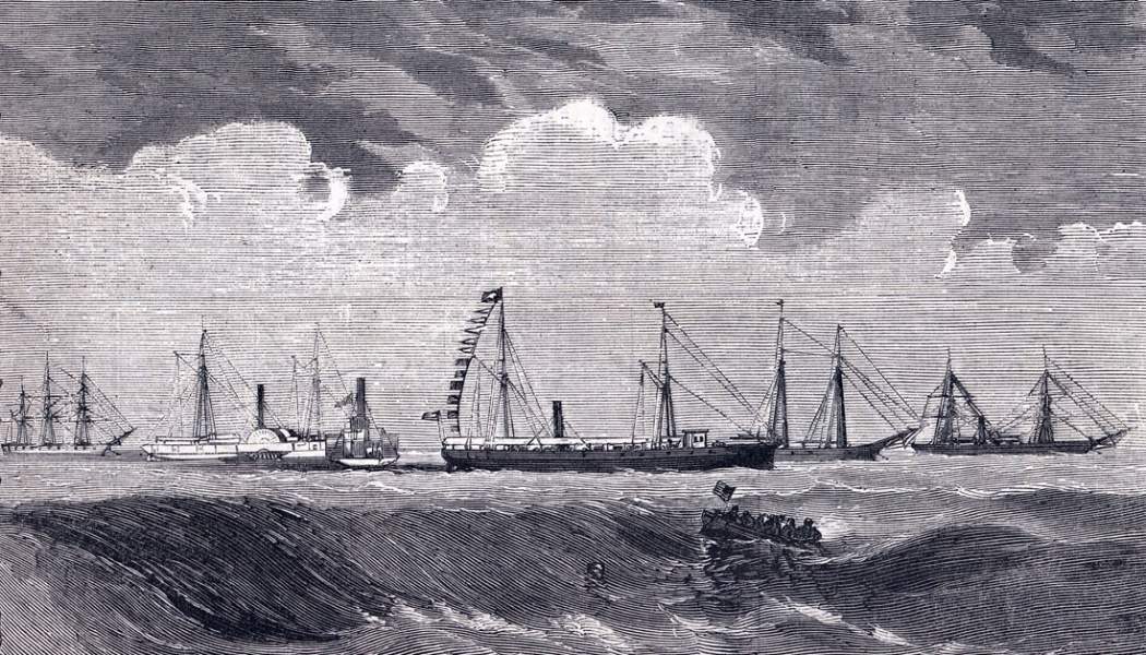 U.S. Navy flagship signals "Prepare for Action" in Charleston Harbor, South Carolina, August 1863, artist's impression