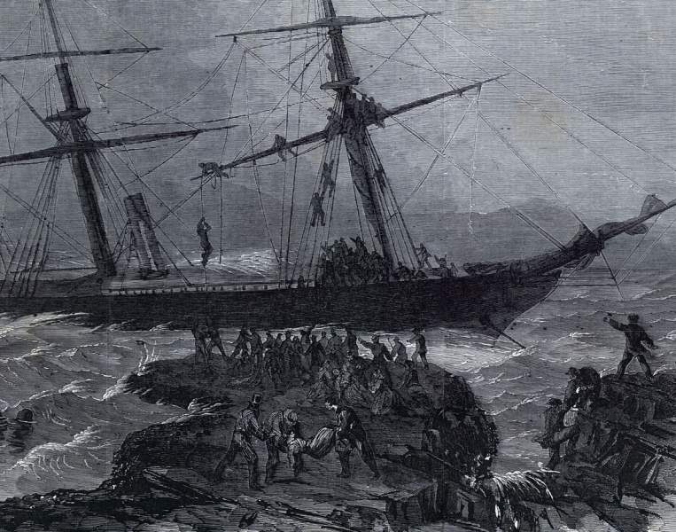 Wreck of the immigrant vessel "Anglo-Saxon" off Newfoundland, April 27, 1863, artist's impression, detail