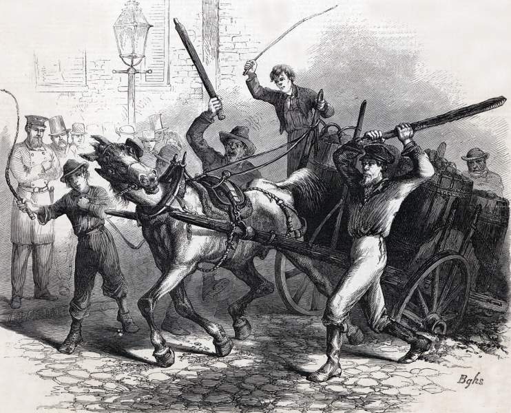"City Enormities - Every Brute can beat his Beast," New York City, October 1865 artist's impression