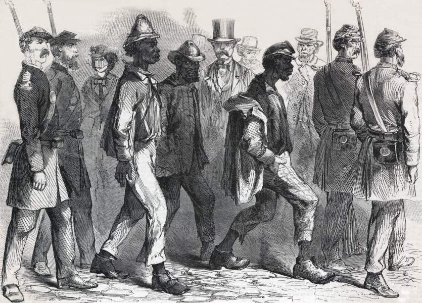 African-Americans under military arrest as vagrants, New Orleans, Louisiana, April 1864, artist's impression, zoomable image