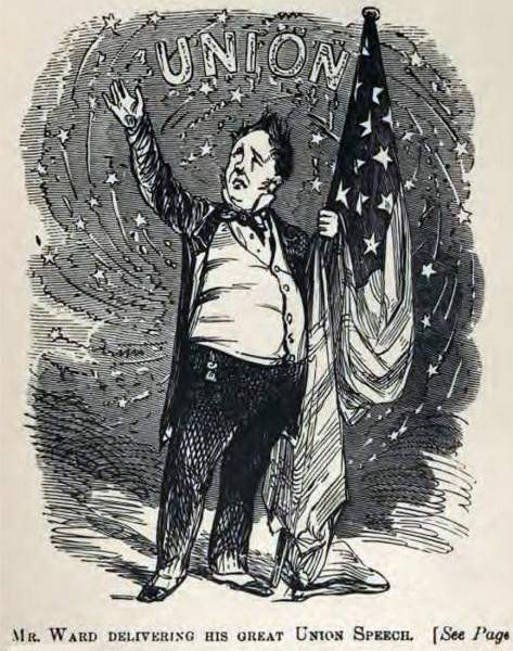 "Mr. Ward delivering his Great Union Speech," Artemus Ward, circa 1862, cartoon.