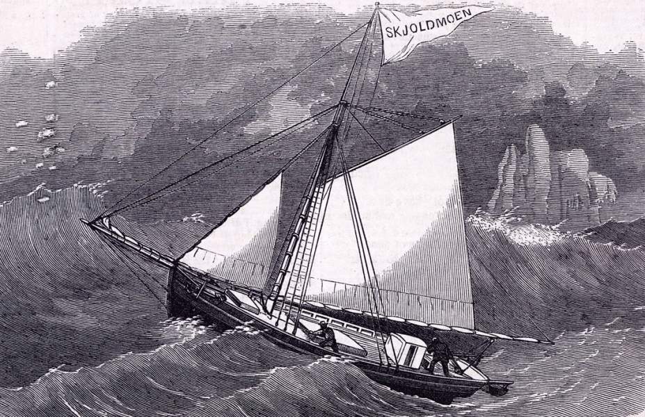 Norwegian sloop "Skjoldmen," crossing the Atlantic, April-July 1863, artist's impression