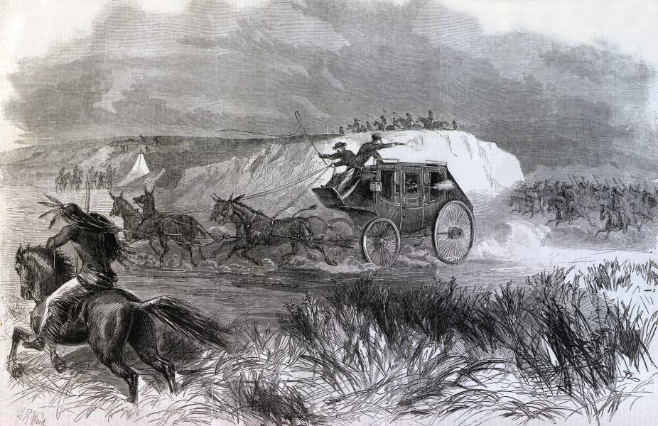 Attack on the Butterfield Overland Stagecoach, Kansas, Winter 1865, artist's impression, zoomable image