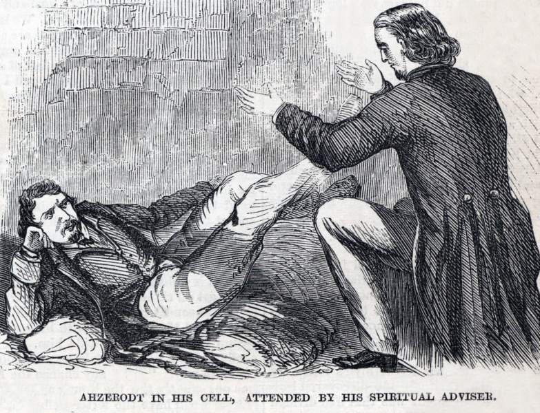 George Atzerodt in his cell awaiting execution, Old Penitentiary, Washington D.C., July 7, 1865, artist's impression