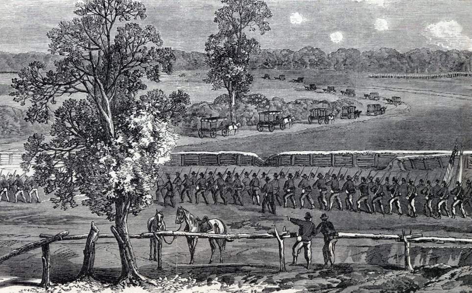 Union Army advance, Battle of Poplar Spring Church, Virginia, September 30, 1864, artist's impression, detail