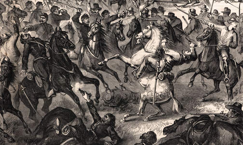 Confederate cavalry battles to cover Lee's retreat near Boonsboro, Maryland, 7-8 July 1863, artist's impression, detail
