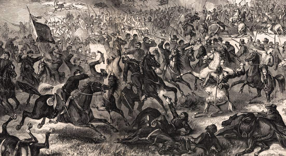 Confederate cavalry battles to cover Lee's retreat near Boonsboro, Maryland, 7-8 July 1863, artist's impression, zoomable detail