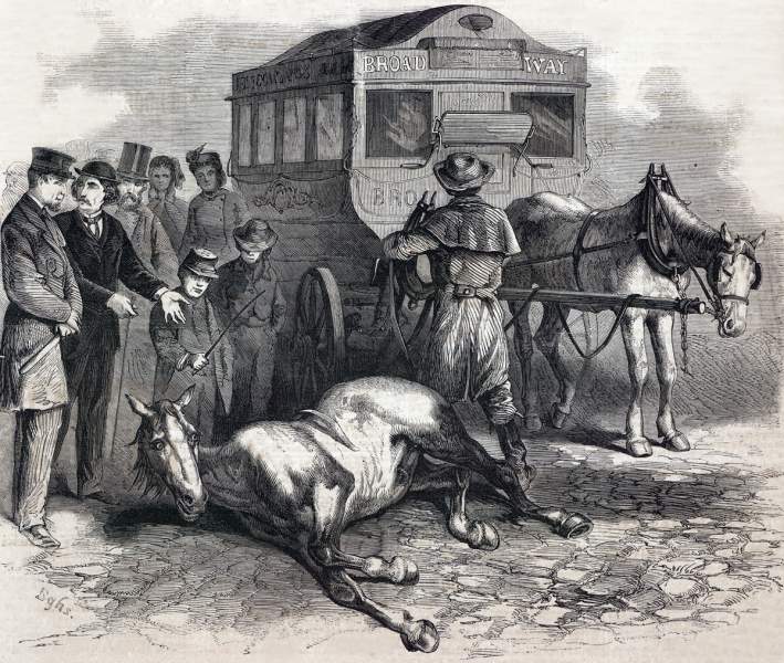 "New York City Enormities - The Broken Leg on Broadway," December 9, 1865 artist's impression