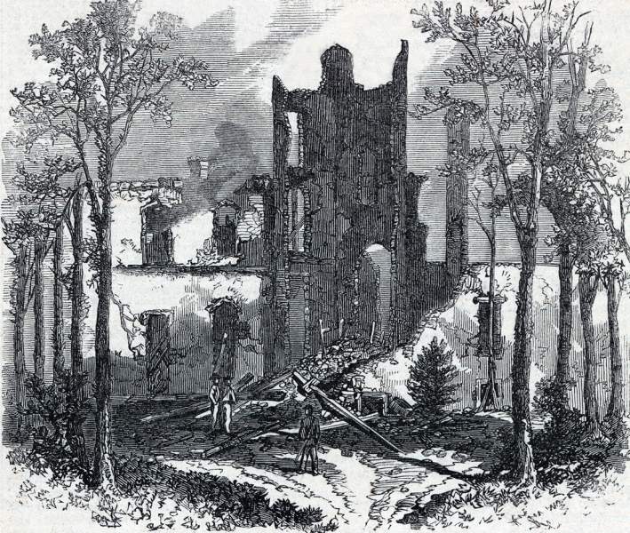Ruins of the Blair Mansion, near Washington, DC, July 11,1864, artist's impression
