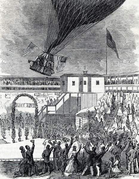 Flight of the "Balloon Wedding," New York City, November 8, 1865, artist's impression