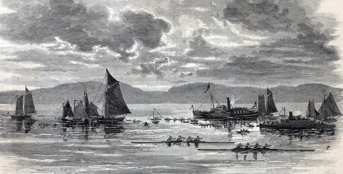 Four-oar sculls national championship boat race, Hudson River, New York, September 25, 1865, artist's impression