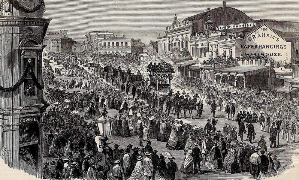Public funeral of explorers Robert Burke and William Wills, Melbourne, Australia, January 21, 1863, British artist's impression