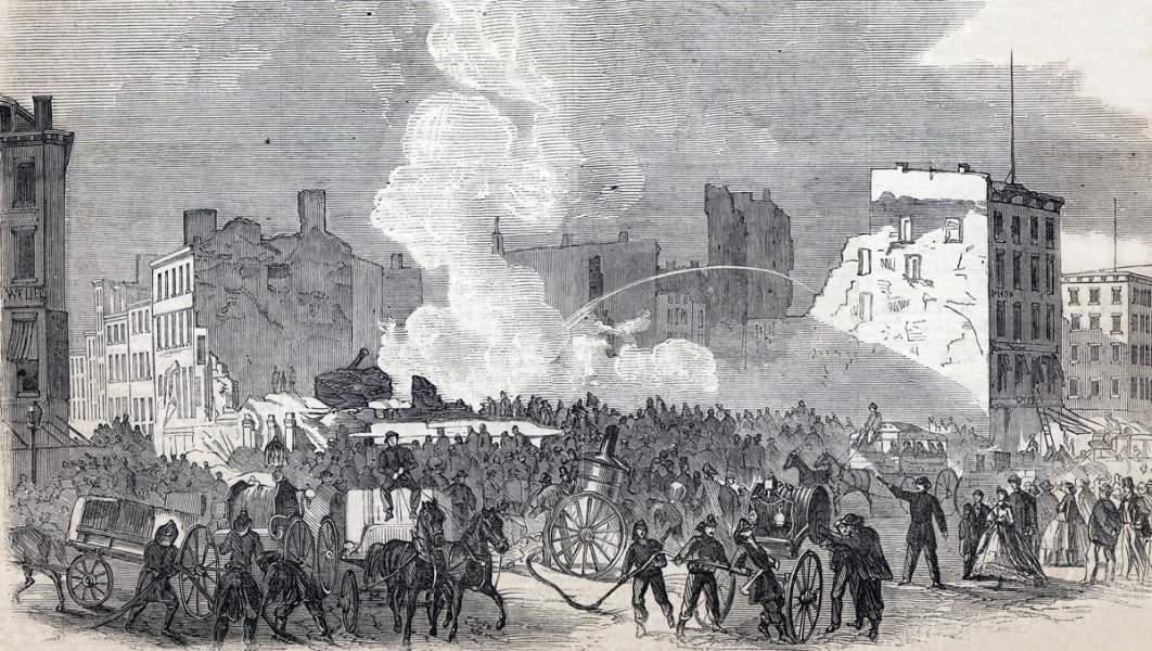 Ruins of Barnum's Museum and adjacent buildings, July 13, 1865, artist's impression