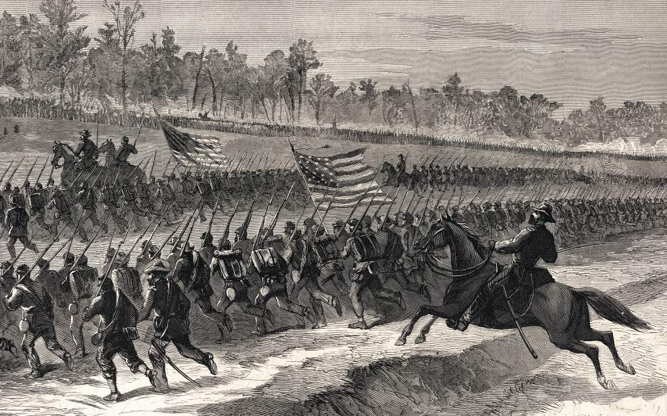 Bartlett's Brigade of V Corps advancing at the Wilderness, May 4, 1864, artist's impression, zoomable image, detail