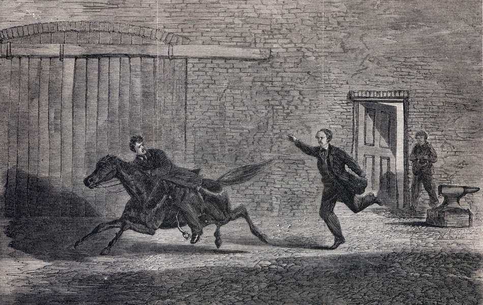 John Wilkes Booth fleeing Ford's Theater, Washington, D.C., April 14, 1865, artist's impression