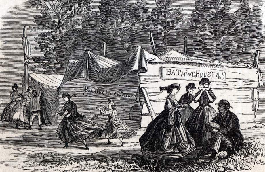 "A Primitive Bathing-House," Farmer's Picnic at the beach, Raritan Bay, Amboy, New Jersey, August 1, 1865, artist's impression