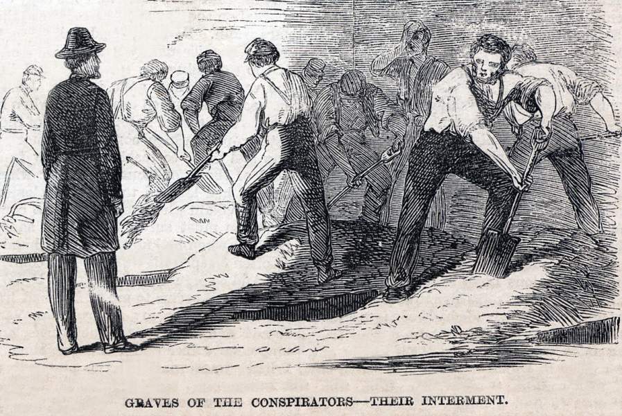 The burial of the bodies after the executions, Old Penitentiary, Washington D.C., July 7, 1865, artist's impression