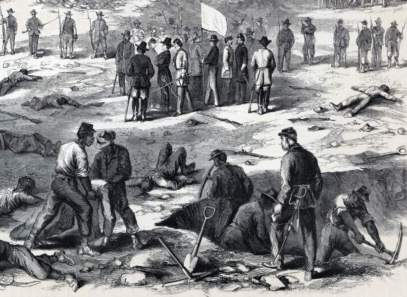 Burial truce following the battle in the Crater, Petersburg, Virginia, July 30, 1864, artist's impression, detail