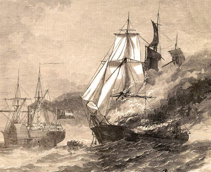 The Confederate raider Nashville burning the American commercial vessel Harvey Birch, November 19, 1861, artist's impression 
