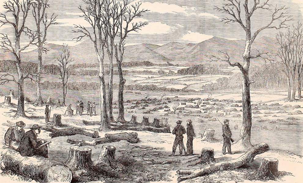 Confederate winter quarters on the Rapidan River, Virginia, January 1864, British artist's impression, zoomable image