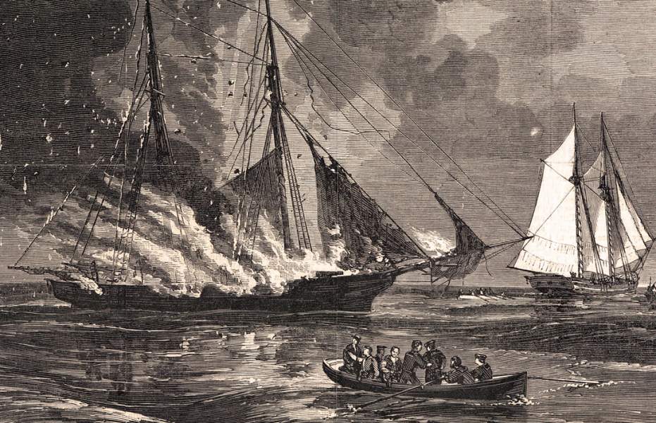 Confederate naval raiders destroying the Coast Guard cutter Caleb Cushing, artist's impression, detail