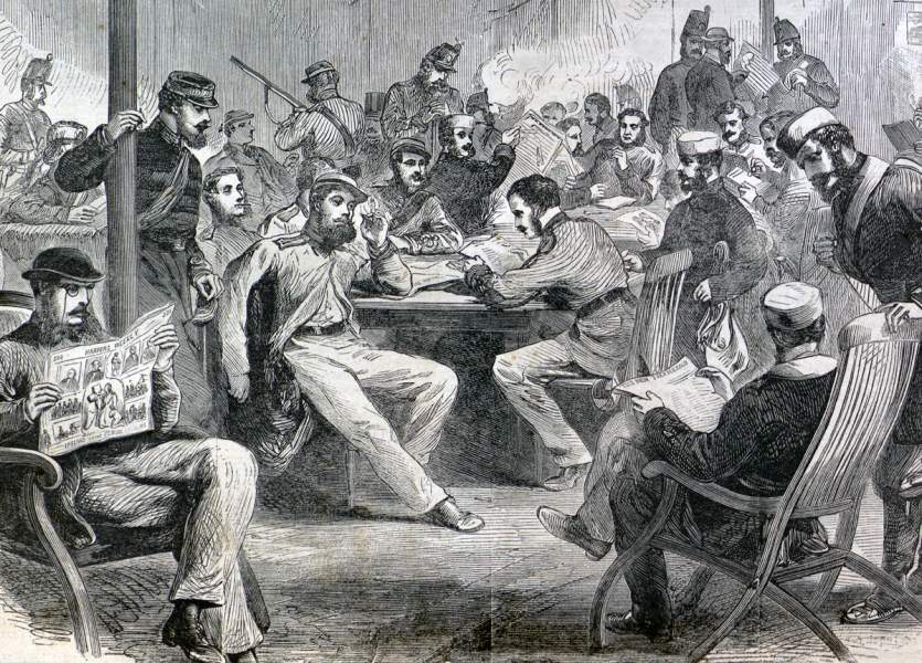 Canadian Volunteer Militia relaxing after drill, March 1866, artist's impression, detail