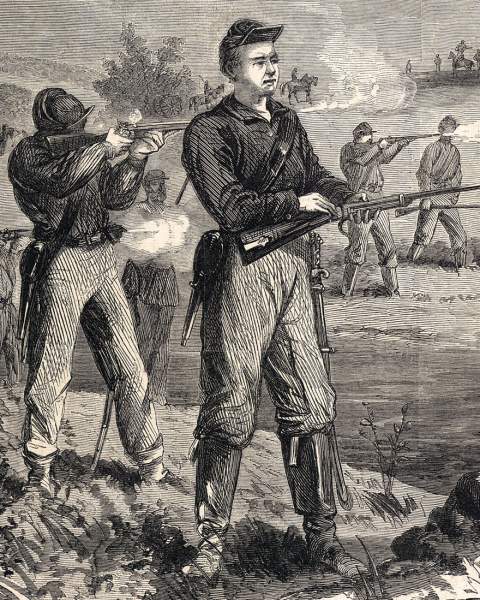 Union cavalry skirmishers in dismounted action, August 1863, artist's impression, detail
