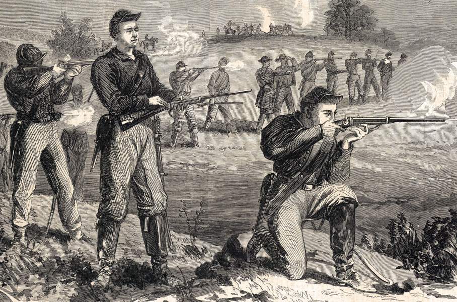 Union cavalry skirmishers in dismounted action, August 1863, artist's impression, zoomable image, detail