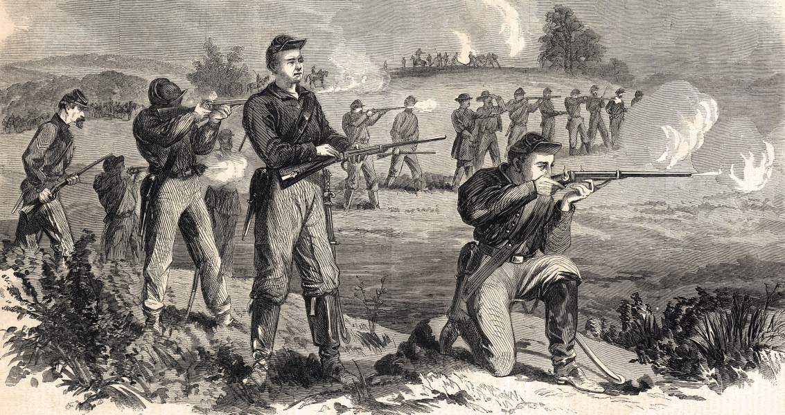 Union cavalry skirmishers in dismounted action, August 1863, artist's impression, zoomable image