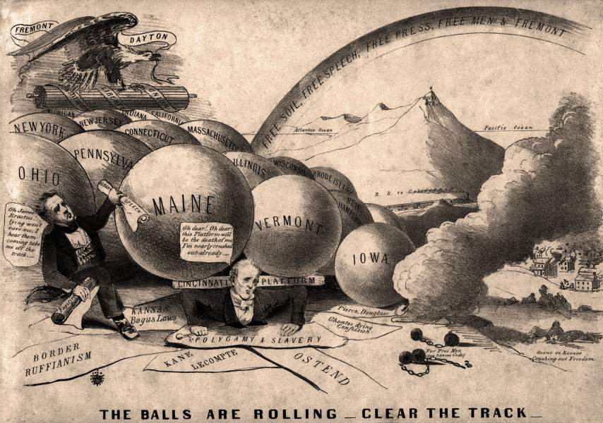 "The Balls Are Rolling - Clear The Track,” cartoon, 1856, zoomable image