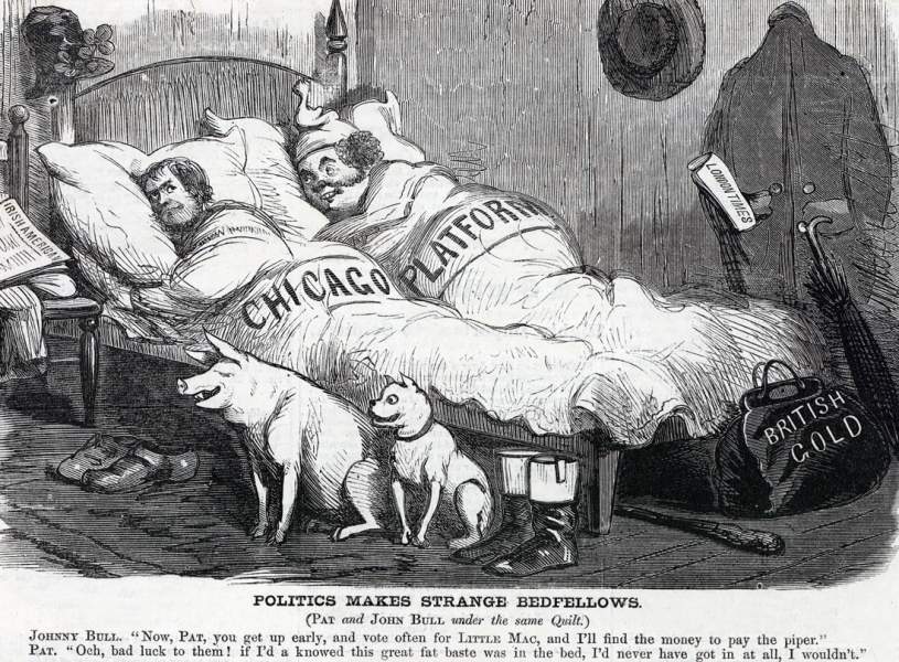 "Politics Make Strange Bedfellows," September 1864, political cartoon