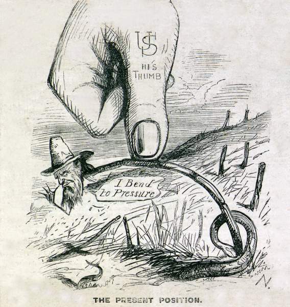 "The Present Position," cartoon, Frank Leslie's Illustrated Newspaper, January 20, 1866.