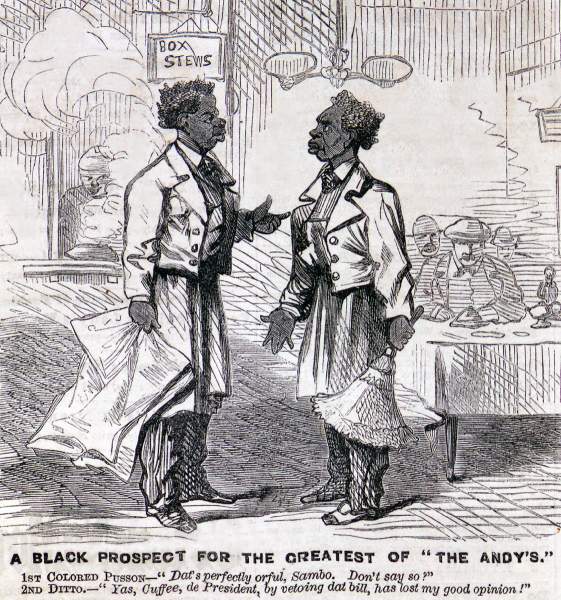 "A Black Prospect for the Greatest of "the Andy's," cartoon, Frank Leslie's Illustrated, April 21, 1866