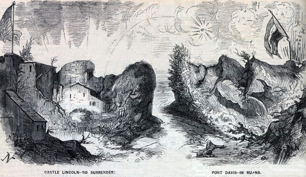 "Castle Lincoln - No Surrender ... Fort Davis - In Ruins," cartoon, April 12, 1862