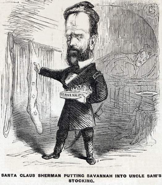 "Santa Claus Sherman putting Savannah into Uncle Sam's Stocking," cartoon, Frank Leslie's Illustrated, January 14, 1865