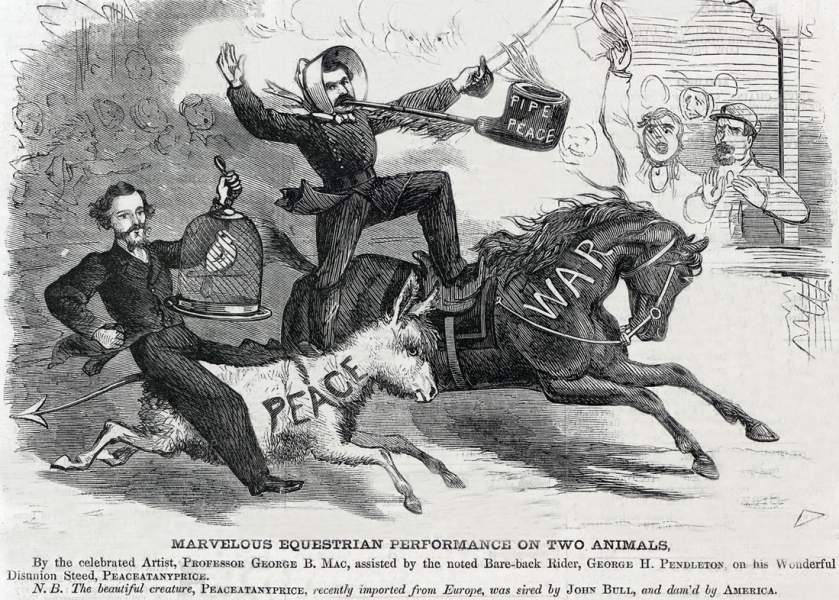 "Marvelous Equestrian Performance on Two Animals," October 8, 1864, political cartoon