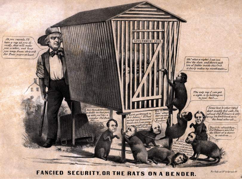 "Fancied Security, Or the Rats on a Bender,” cartoon, 1856, zoomable image
