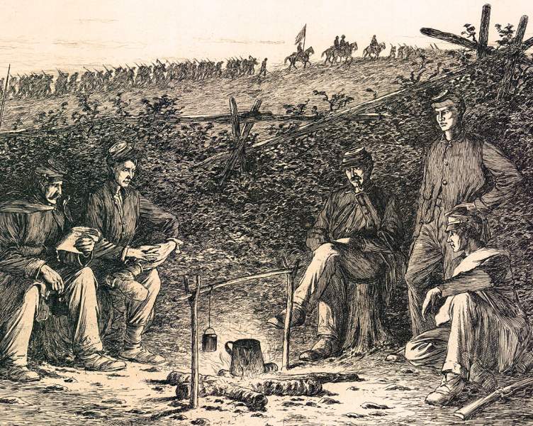 "Coffee Coolers," Edwin Forbes, copper plate etching, 1876, zoomable image, detail
