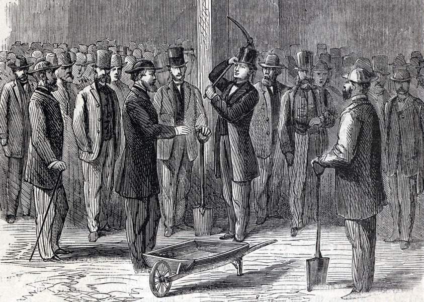 Breaking ground for Chicago's fresh-water tunnel, April 1864, artist's impression